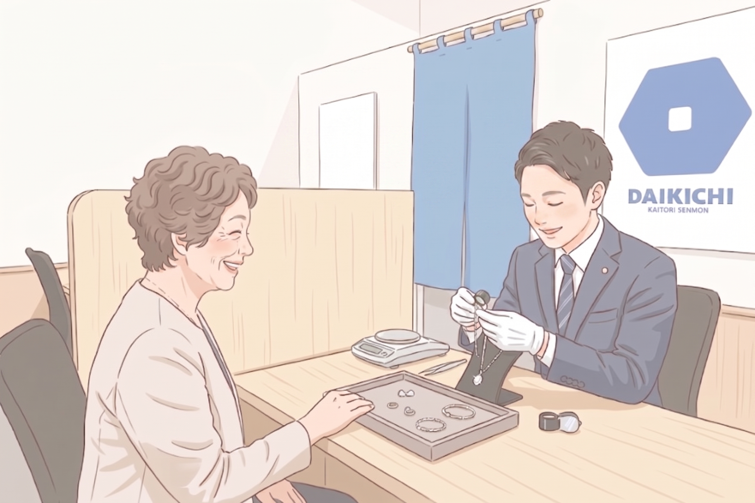 買取大吉 フードワンきらりタウン店内で査定している風景